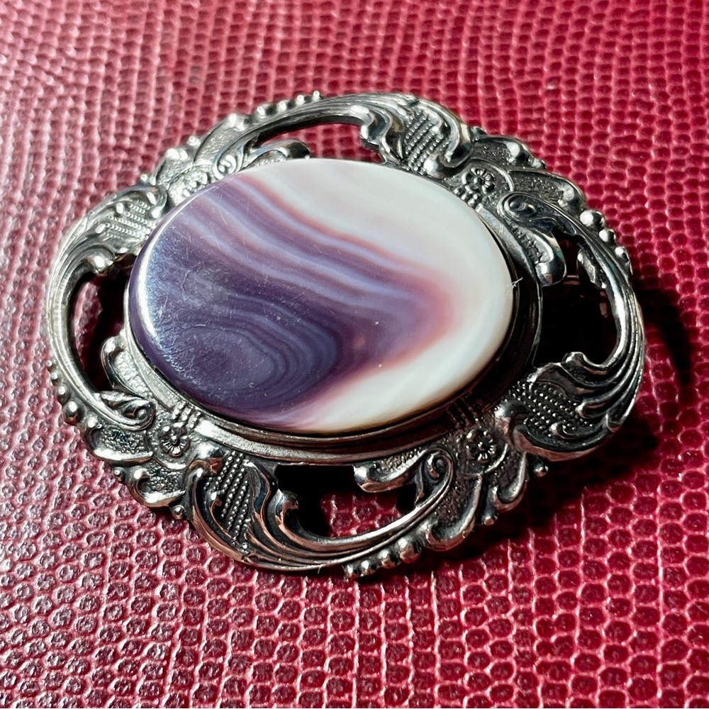 Vintage Banded Amethyst Sterling Silver Brooch